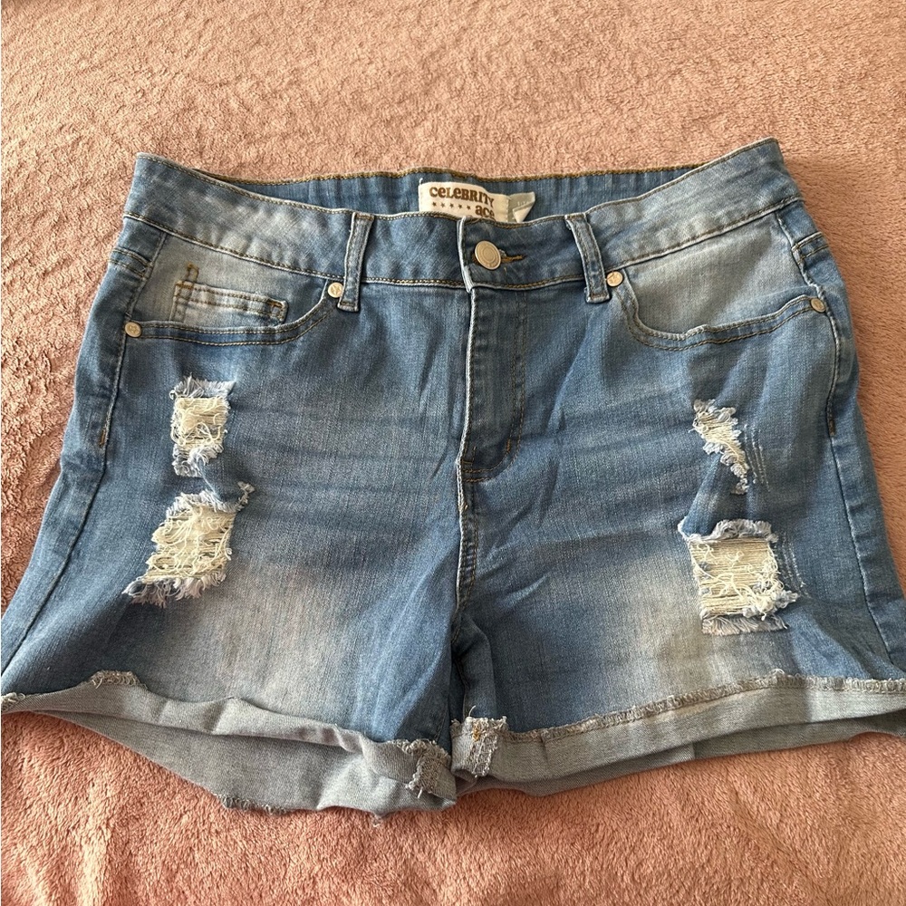Celebrity Pink Light Blue Distressed Denim Shorts